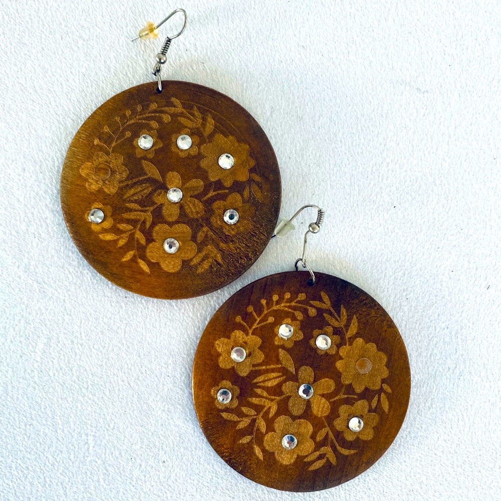 Boho Large Round Wooden Floral Earrings